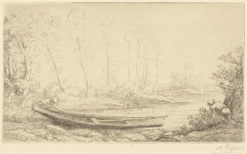 Man with a Punt, Figure to the Right (Pecheurs des truites) by Alphonse Legros, print, 1837-1911