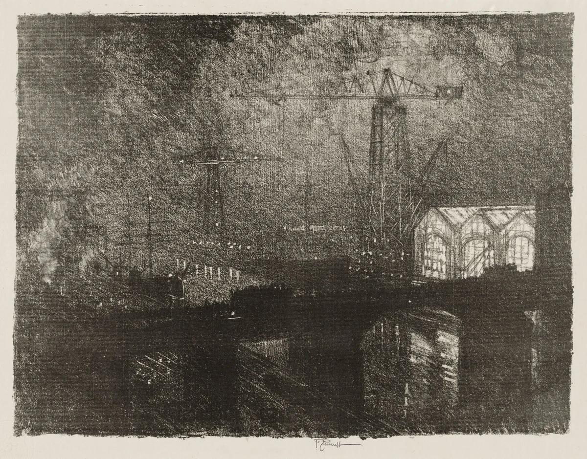 English War Work: The Shops at Night, Changing Shifts by Joseph Pennell, print, 1916