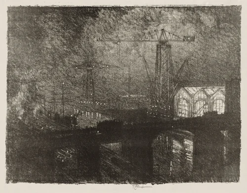 English War Work: The Shops at Night, Changing Shifts by Joseph Pennell, print, 1916