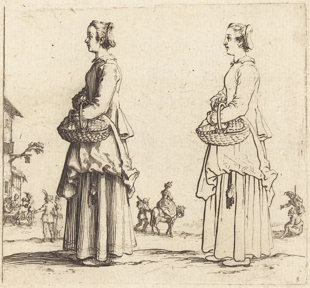 Peasant Woman with Basket, in Profile, Facing Left by Jacques Callot, print, 1621-1624