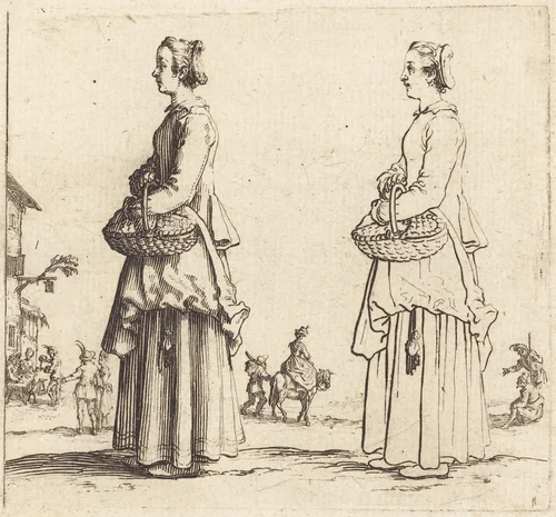 Peasant Woman with Basket, in Profile, Facing Left by Jacques Callot, print, 1621-1624