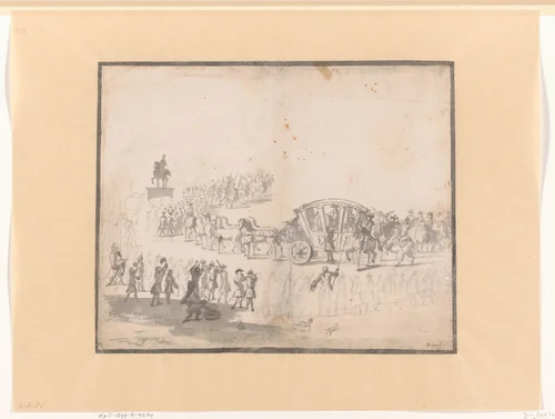 Lodewijk XIV in een rijtuig te Parijs by Barent Gael, drawing, 1645-1673