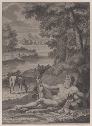 River god in a landscape by Frederik Ottens, print, 1725