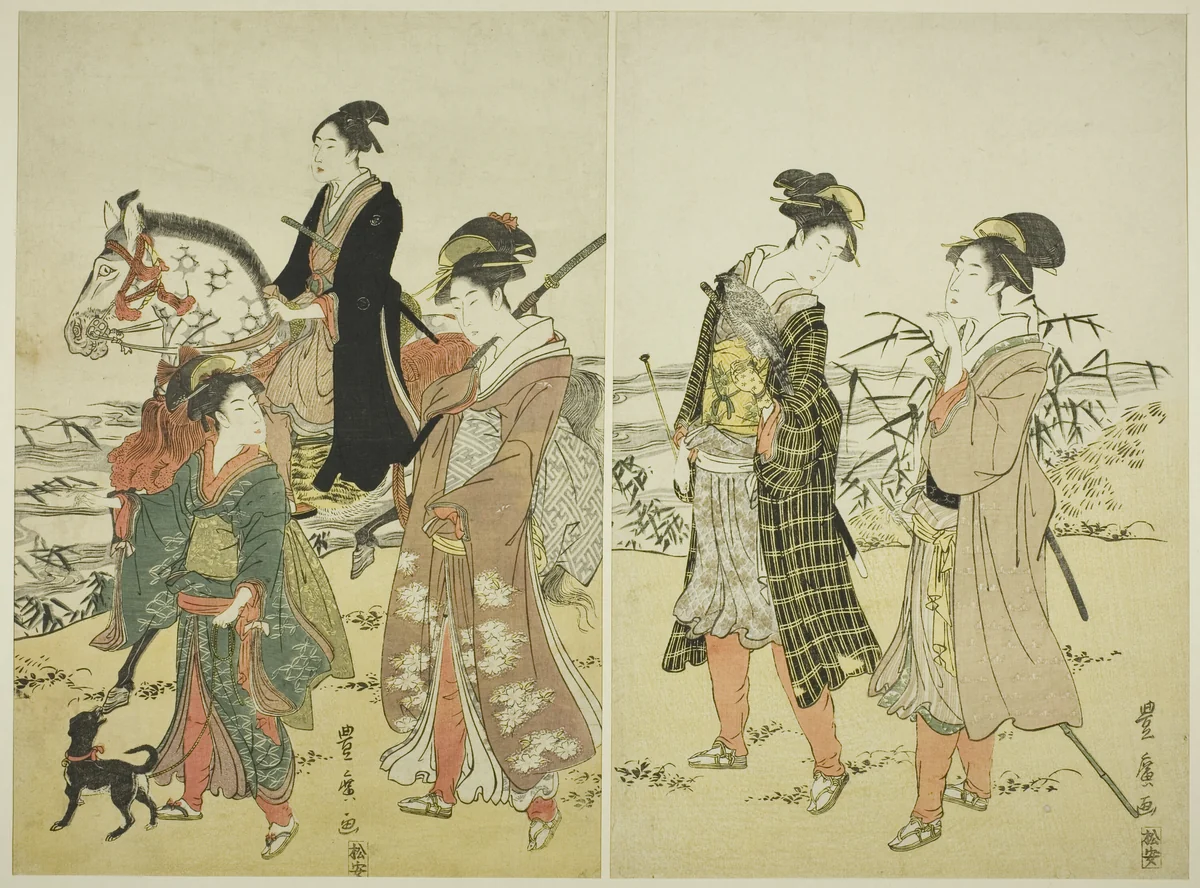 Party of falconers near river by Utagawa Toyohiro (歌川豊広), print, 1793-1806