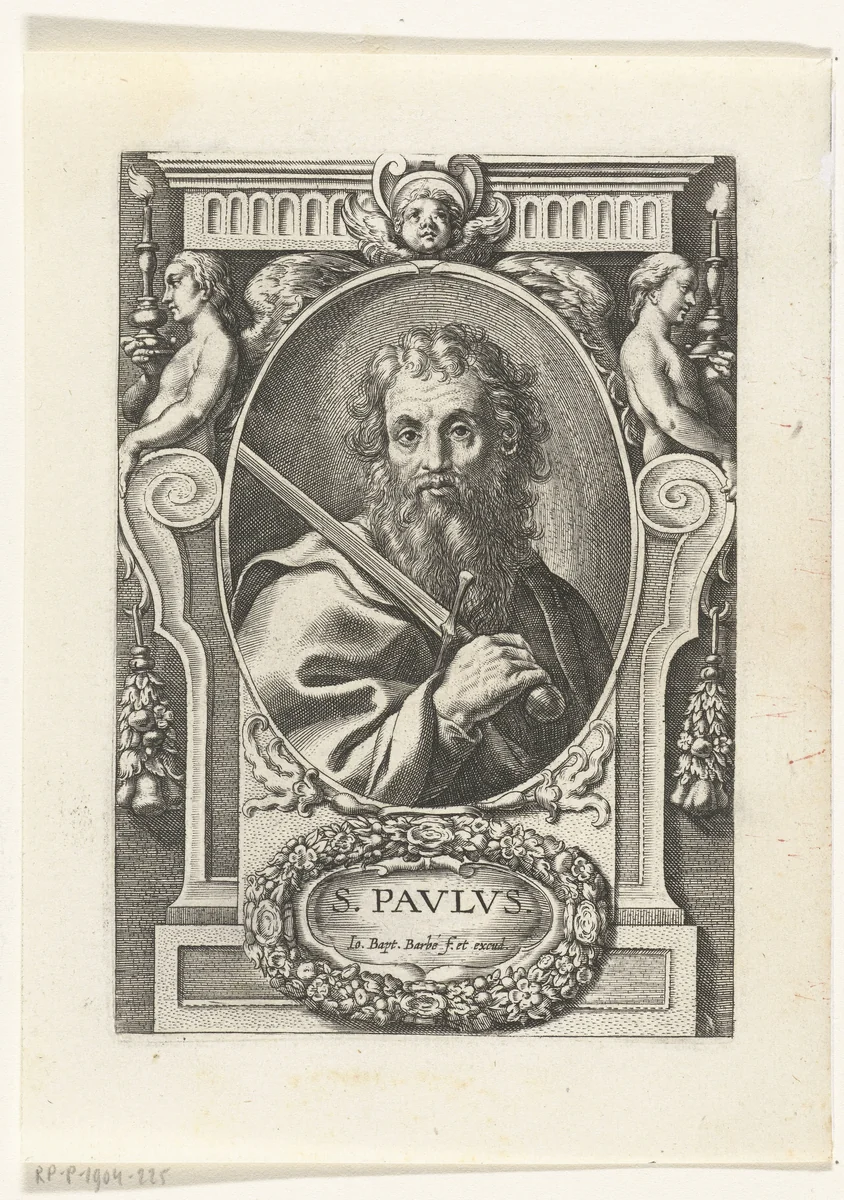 Apostel Paulus met zwaard in omlijsting met architectuur ornamenten by Unknown, print, 1588-1648