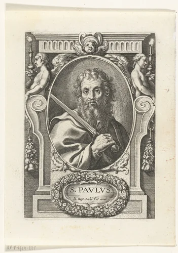 Apostel Paulus met zwaard in omlijsting met architectuur ornamenten by Unknown, print, 1588-1648