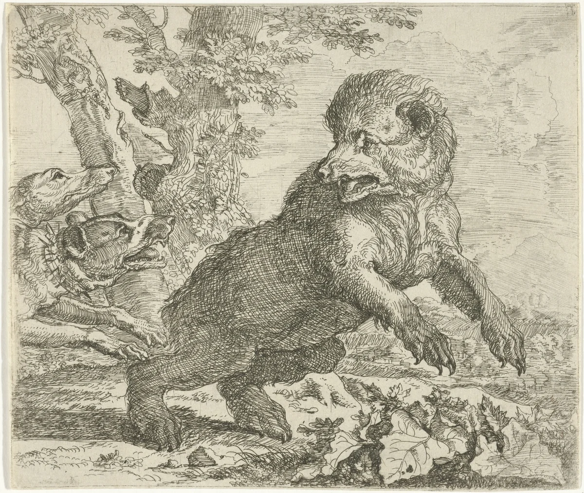 Beer aangevallen door honden by Abraham Daniëlsz. Hondius, print, 1672
