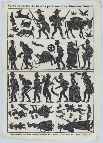 Sheet 2 of figures for Chinese shadow puppets by Juan Llorens, print, 1859