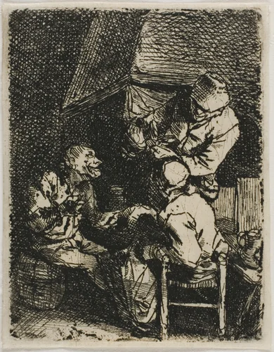 Three Peasants by a Fireplace by Cornelis Pietersz. Bega, print, 1640-1664