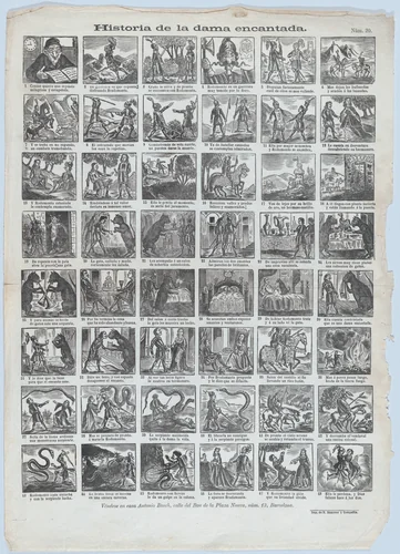 Broadside with 48 scenes relating to the story of the enchanted lady (Dama encantada) by José Noguera, print, 1855-1865