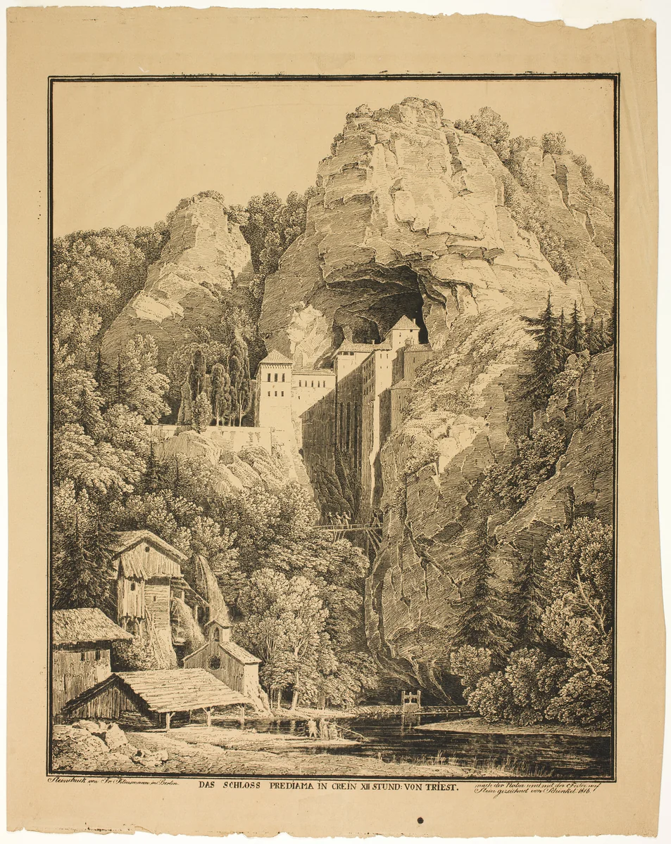 Predjama Castle in Krein, Twelve Hours from Trieste by Karl Friedrich Schinkel, print, 1816