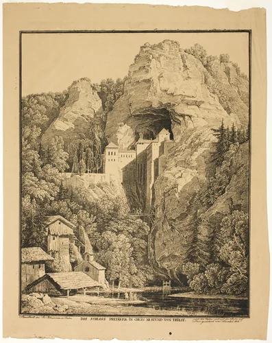 Predjama Castle in Krein, Twelve Hours from Trieste by Karl Friedrich Schinkel, print, 1816