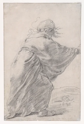 A wild-haired, robed woman rushing to the right, seen from behind by Cornelis Saftleven, drawing, 1631