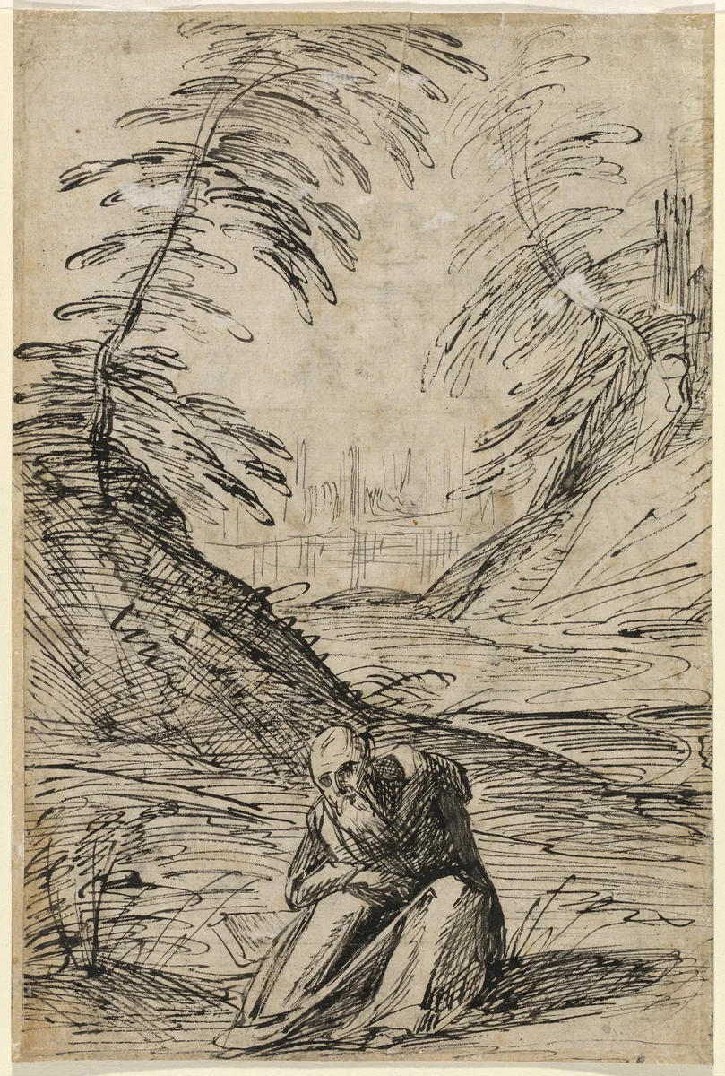 Desert Landscape with a Hermit (verso) by Hermann Weyer, drawing, 1615-1620