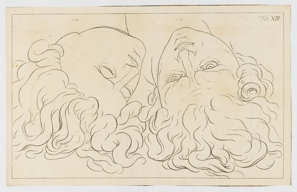 Two male heads from a drawing book by anonymous, print, 1750-1850