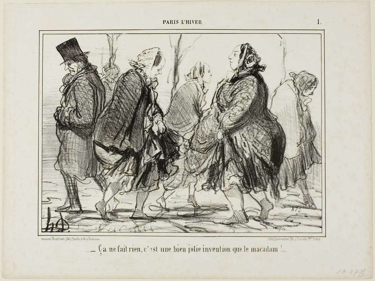 “- That's quite alright... isn't asphalt a marvellous invention?,” plate 1 from Paris L'hiver by Honoré-Victorin Daumier, print, 1856
