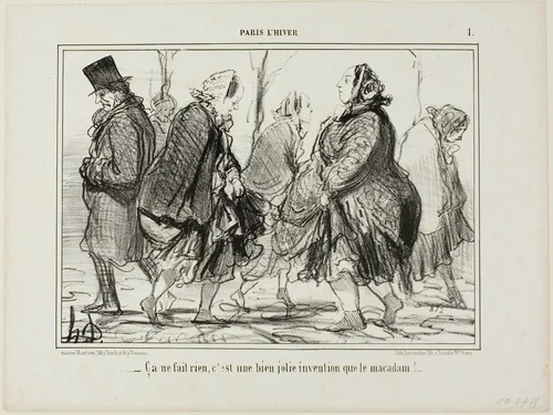 “- That's quite alright... isn't asphalt a marvellous invention?,” plate 1 from Paris L'hiver by Honoré-Victorin Daumier, print, 1856