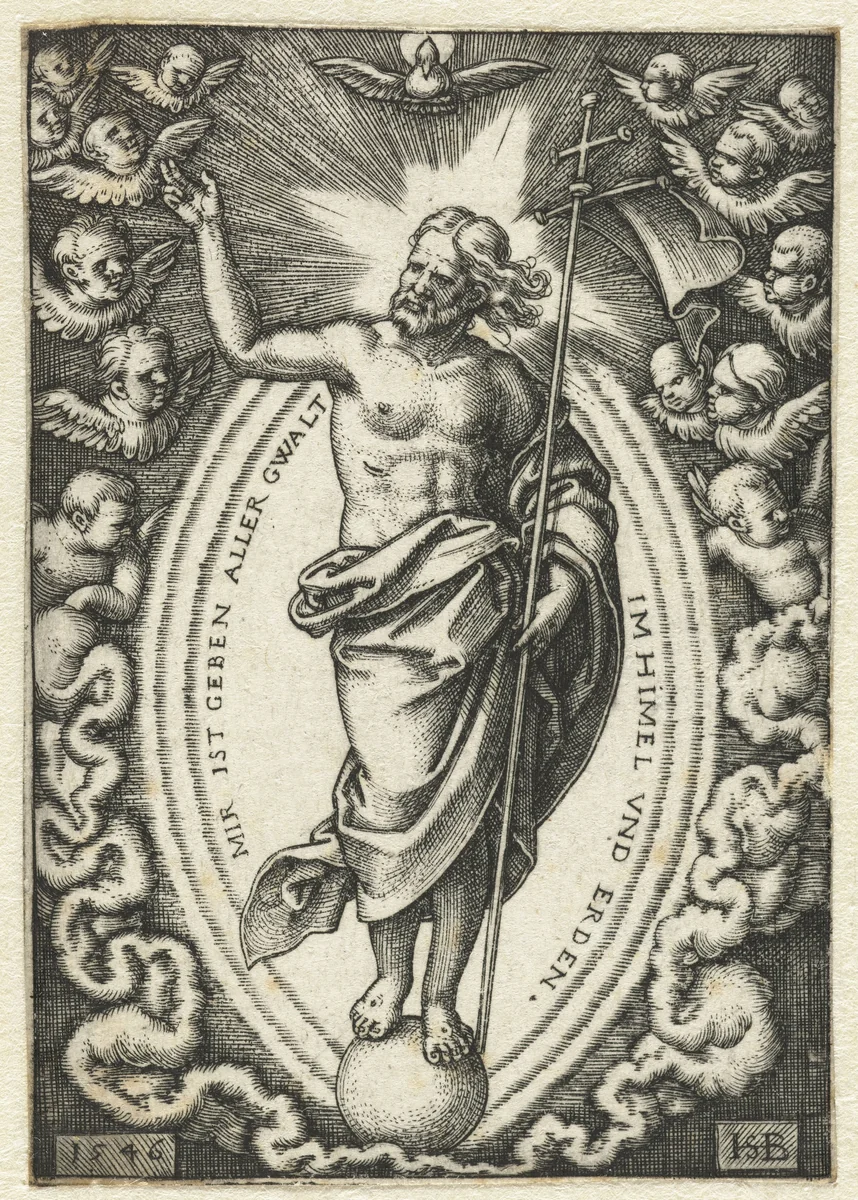 Christus als Salvator Mundi staand op de wereldbol by Unknown, print, 1546