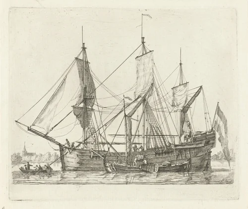 Het ontladen van een driemaster by Gerrit Groenewegen, print, 1789