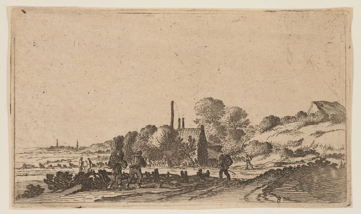 Figures on a Path before Farms on the Dunes, from Twelve Landscapes by Gillis van Scheyndel, print, 1605-1650