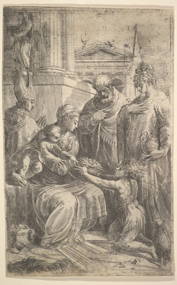 Holy Family with Saints by Andrea Schiavone, print, 1500-1563