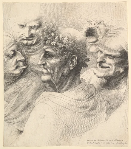 Five grotesque heads, including an elderly man with an oak leaf wreath by Wenceslaus Hollar, print, 1646