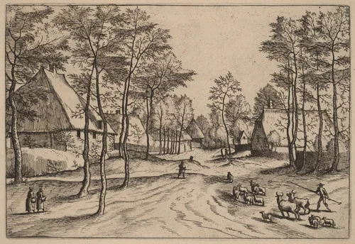Village Street by Johannes van Doetechum; Lucas van Doetechum; Master of the Small Landscapes, print, 1676