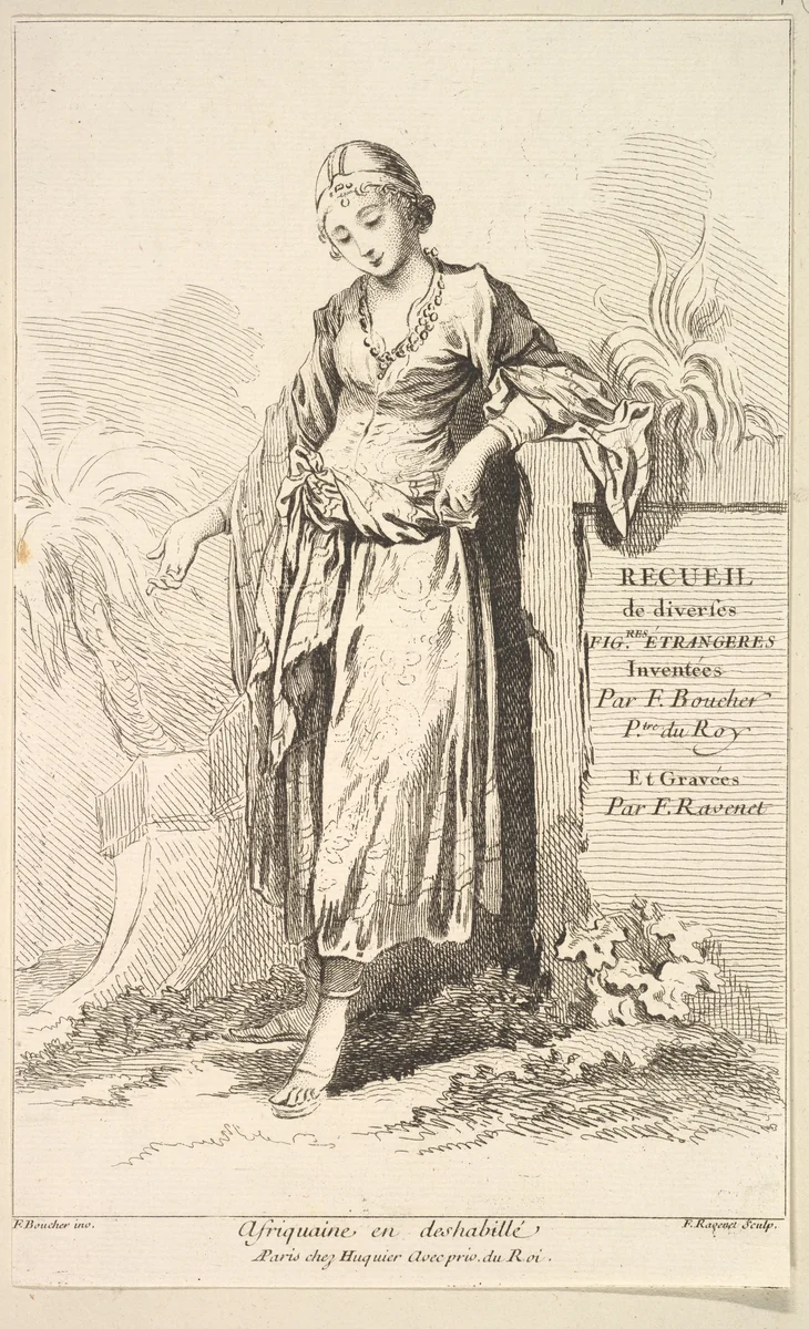 Afriquaine en deshabillé, plate 1 from "Recueil de diverses fig.res étrangeres Inventées par F. Boucher P.tre du Roy et Gravées par F. Ravenet" (Collection of Various Foreign Figures, Devised by F. Boucher, Painter of the King and Engraved [etched] by F. Ravenet) by Simon Ravenet, print, 1721-1774