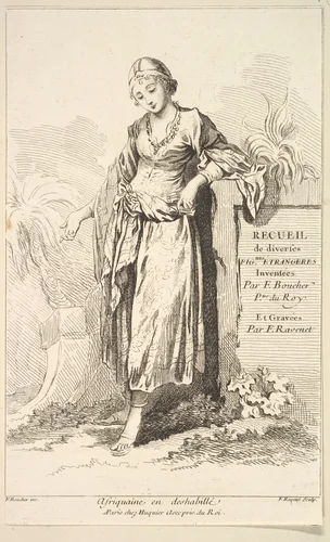 Afriquaine en deshabillé, plate 1 from "Recueil de diverses fig.res étrangeres Inventées par F. Boucher P.tre du Roy et Gravées par F. Ravenet" (Collection of Various Foreign Figures, Devised by F. Boucher, Painter of the King and Engraved [etched] by F. Ravenet) by Simon Ravenet, print, 1721-1774