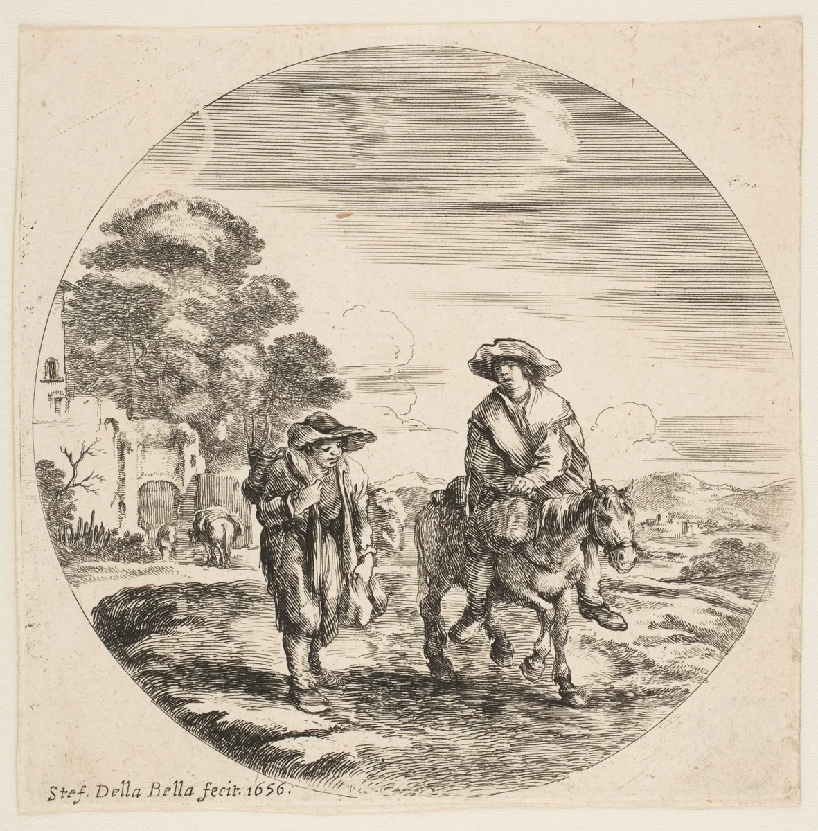 Landscape with Two Peasants, One Riding a Horse, from "Landscapes and seaports" (Paysages et ports de mer, dans des ronds) by Stefano della Bella, print, 1656