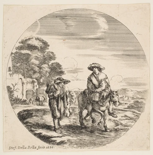 Landscape with Two Peasants, One Riding a Horse, from "Landscapes and seaports" (Paysages et ports de mer, dans des ronds) by Stefano della Bella, print, 1656