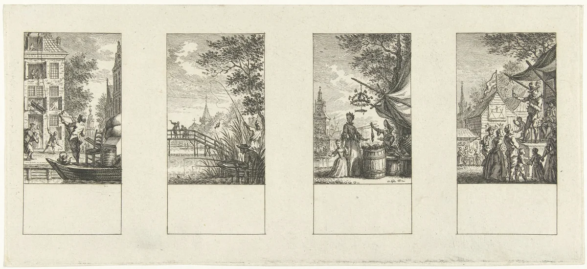 Vier voorstellingen van de maanden mei, juni, juli, augustus by Simon Fokke, print, 1722-1784
