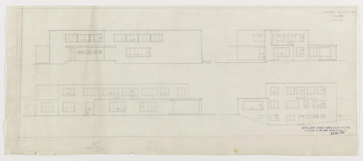 Josef Esters House, Krefeld, Germany, Four elevations with window measurements by Ludwig Mies van der Rohe, mies van der rohe archive, 1927