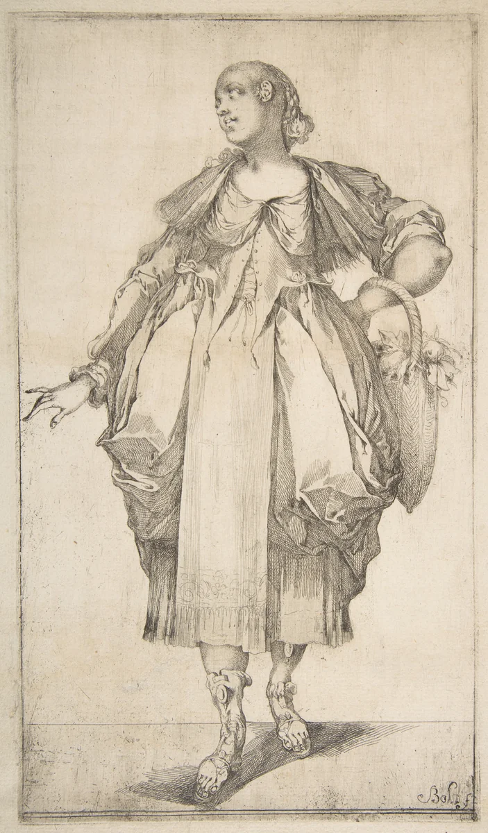 Gardener with a Basket on her Arm, from Hortulanae series by Jacques Bellange, print, 1612-1616