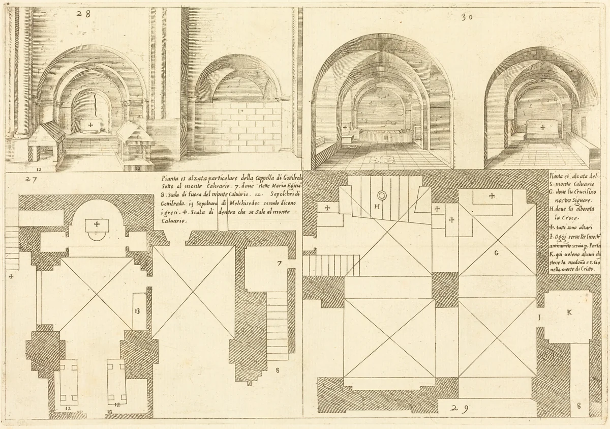 Plan and Elevation of the Chapel of Godefroy de Bouillon by Jacques Callot, print, 1619