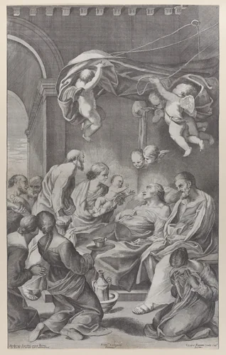 The death of Saint Anne with various family members surrounding her and angels overhead by Cesare Fantetti, print, 1670-1680