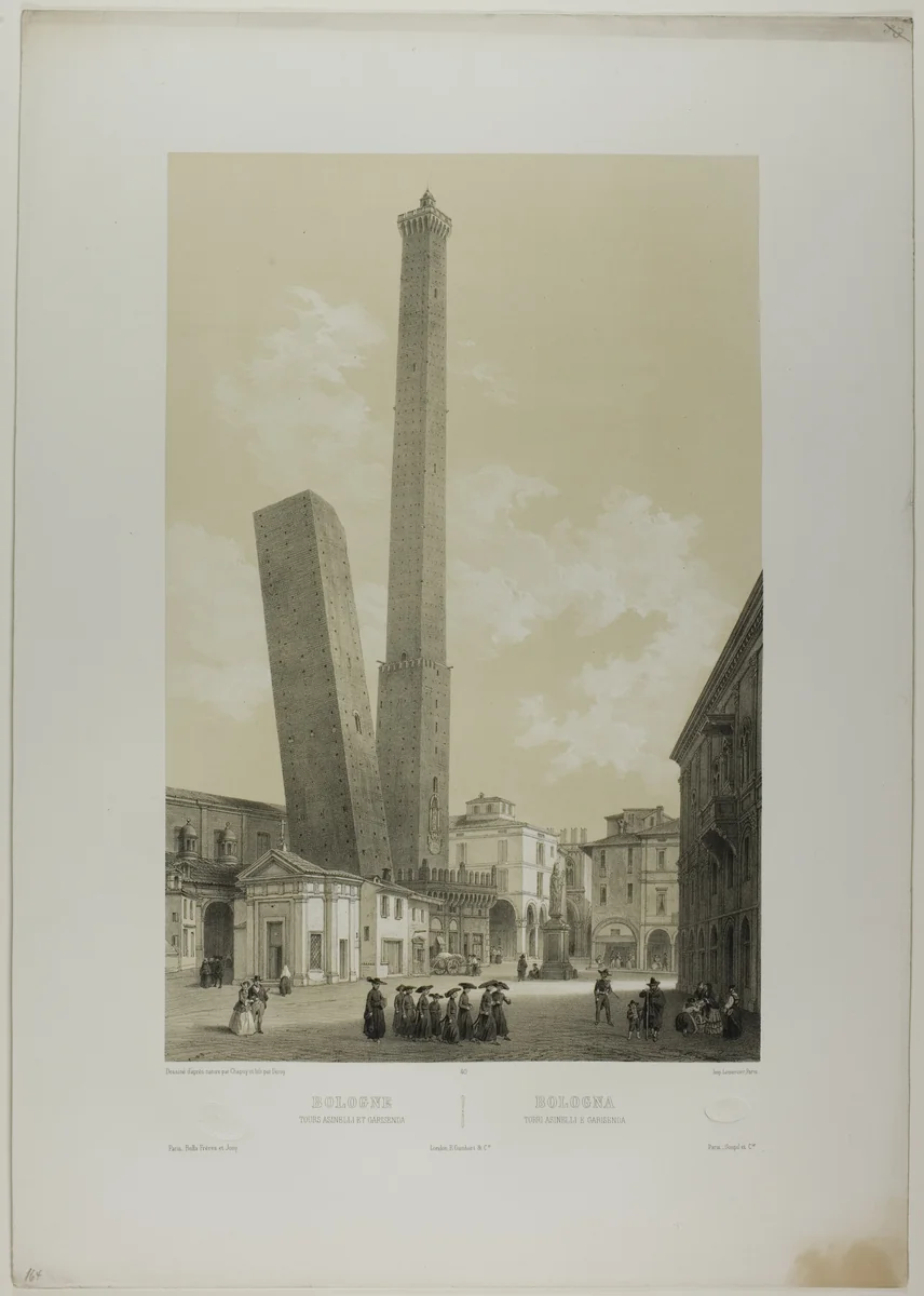 Bologna: The Asinelli and Garisenda towers, plate 40 from Italie Monumentale et Pittoresque by Nicolas Chapuy, print, 1843-1853