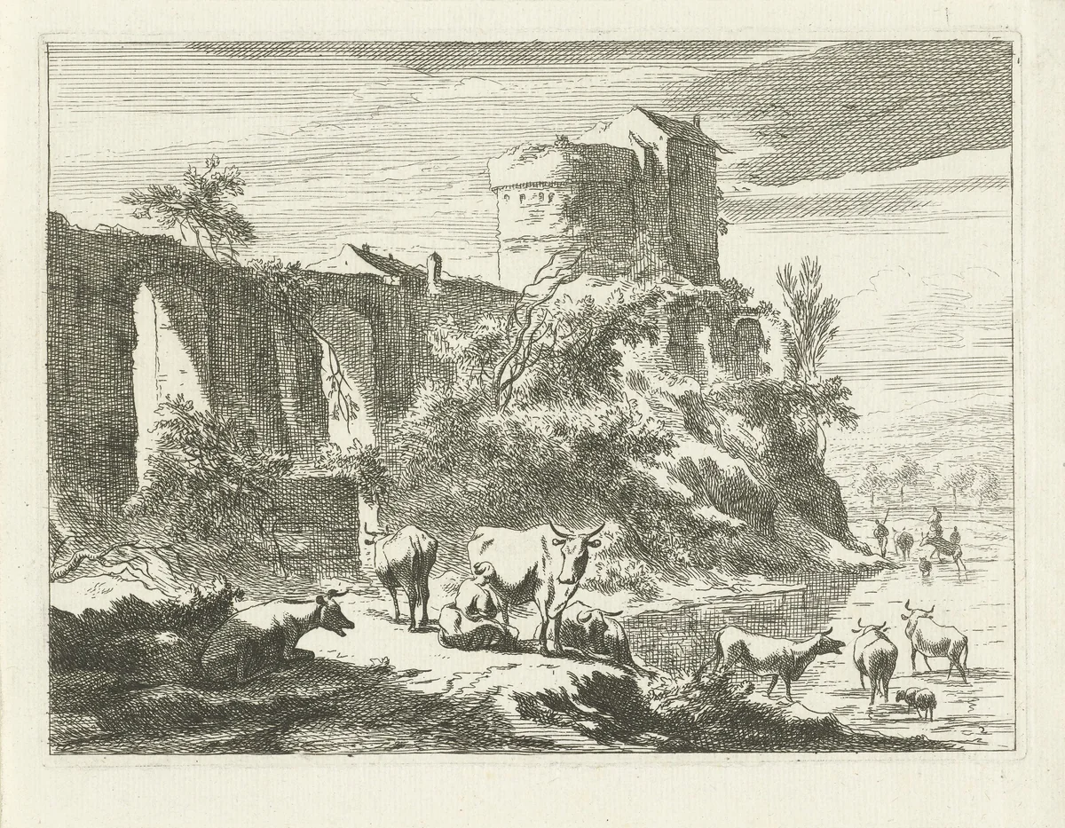 Landschap met ruïne en vee by Johannes Gronsveld, print, 1679-1728