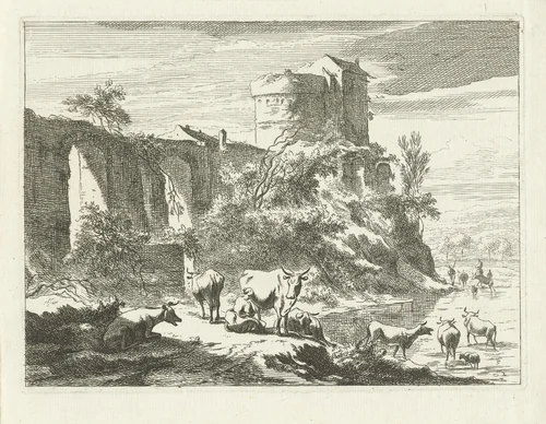 Landschap met ruïne en vee by Johannes Gronsveld, print, 1679-1728