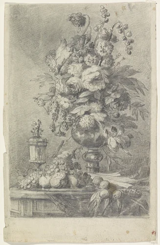 Stilleven met een schaal vruchten en een vaas met bloemen by Lucas Victor Schaefels, drawing, 1834-1885