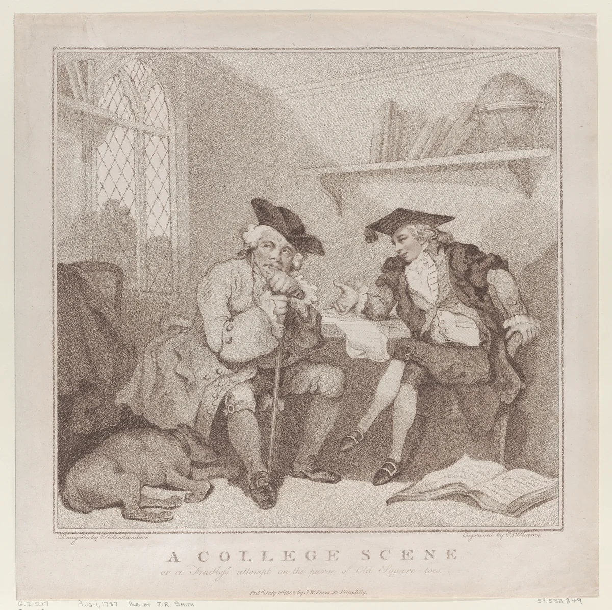 A College Scene, or a Fruitless Attempt on the Purse of Old Square-toes by Edward Williams, print, 1787-1802