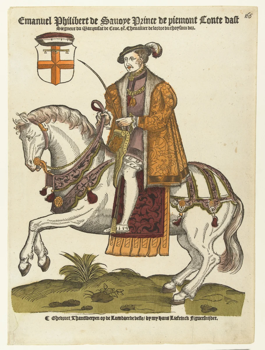 Portret van Emanuel Philibert van Savoye te paard by Hans Liefrinck, print, 1553-1573