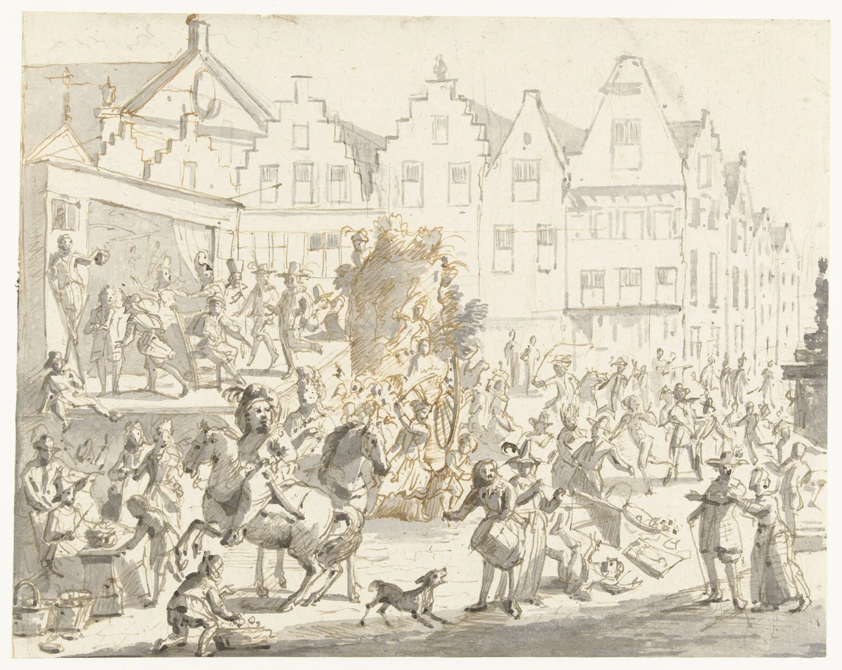Carnaval te Antwerpen by Gonzales van Heylen, drawing, 1671-1720