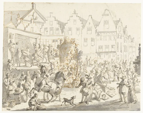 Carnaval te Antwerpen by Gonzales van Heylen, drawing, 1671-1720
