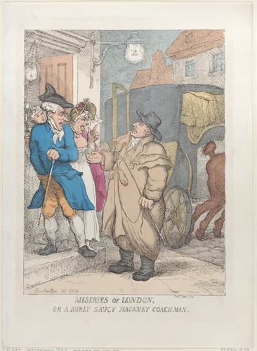 Miseries of London, or a Surly Saucy Hackney Coachman by Thomas Rowlandson, print, 1814