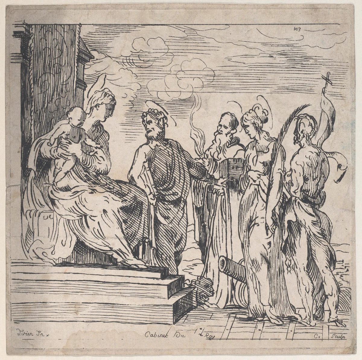 Virgin and Child with Four Saints by Anne Claude Philippe de Tubières, print, 1700-1765