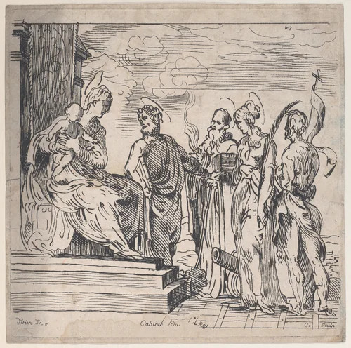 Virgin and Child with Four Saints by Anne Claude Philippe de Tubières, print, 1700-1765