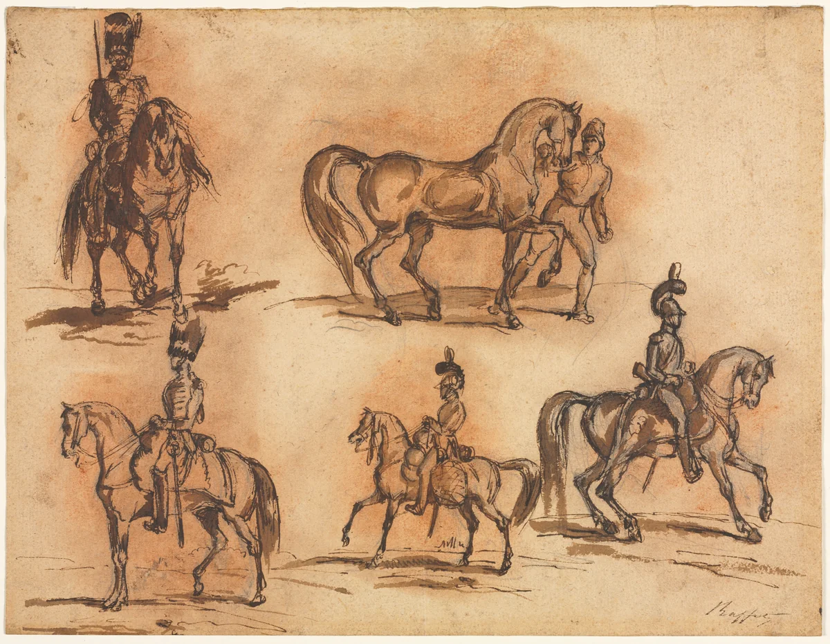 Five Equestrian Studies: Cavalrymen by Auguste Raffet, drawing, 1804-1860
