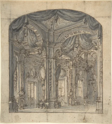 Stage Set of a Room Interior with Receding Perspective by anonymous, drawing, 1700-1780