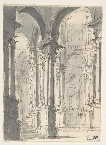 Design for Stage Set with a Circular Arcade (recto); Sketch for Stage Set with Circular Arcade (verso) by Giovanni Battista Natali, drawing, 1698-1765